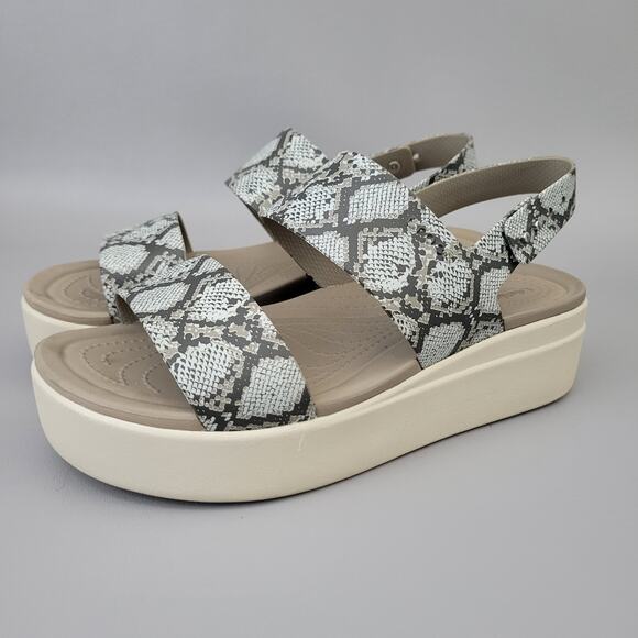 Crocs Womens Brooklyn Low Wedge Slingback Sandal Snake Print 206453 Beige Size 9 - Picture 1 of 13